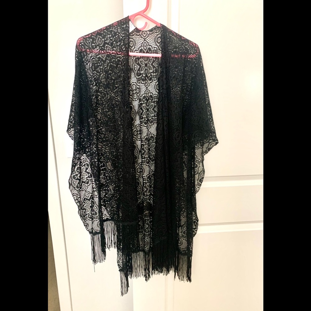 Black Lace Fringe Kimono Ruana, OS